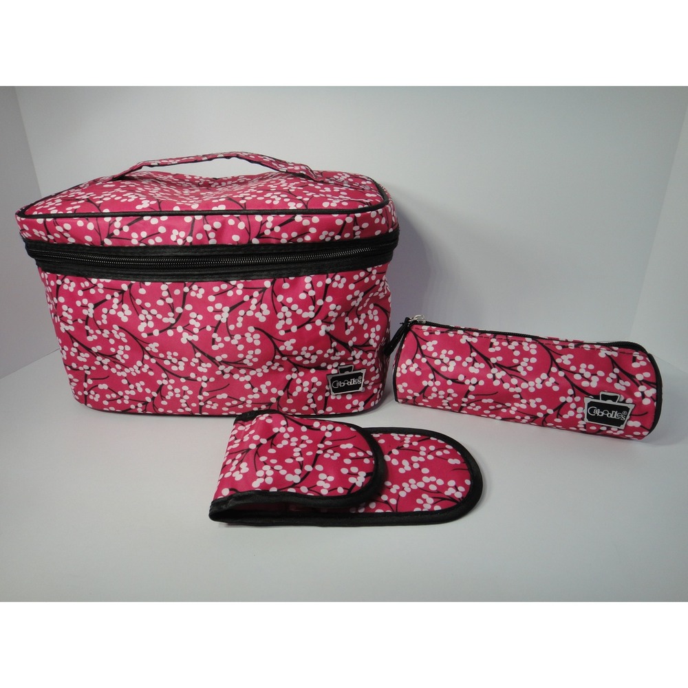 Caboodles 3 Piece Cosmetic Bag Set Pink Floral Cherry Blossom Train Case Mirror